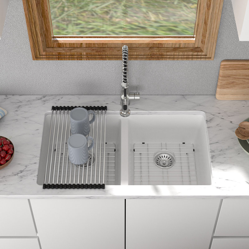 33" L x 19" W 50/50 Double Bowl Undermount Quartz Composite Kitchen Sink with Basket Strainers and Sink Grids, White