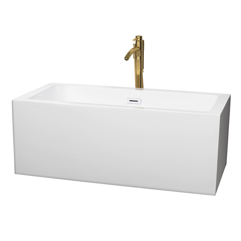 Baignoire de trempage autoportante en acrylique avec robinet 60 po. X 30 po. Melody, Blanc / blanc brillant / or brossé