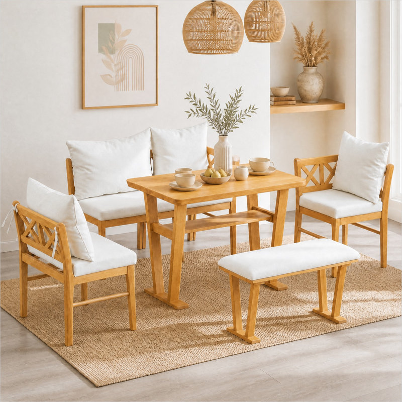 Ensemble de coin-repas 6 pièces avec banc, table en bois massif et chaises, blanc classique et style campagnard naturel