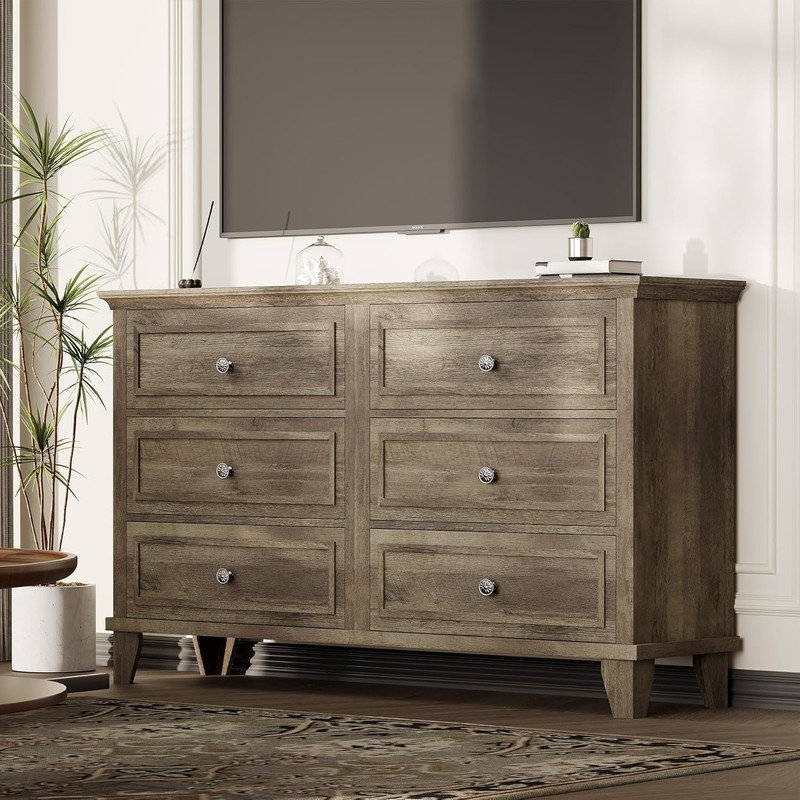 Farmhouse 6-Drawer Dresser – Wide Wood Chest with Vintage Handles for Bedroom, Living Room, Hallway, Gray