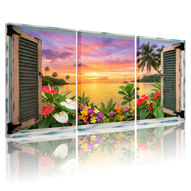 Paysage et nature Coucher de soleil tropical à travers une fenêtre avec des fleurs, H 18 po x l 36 po