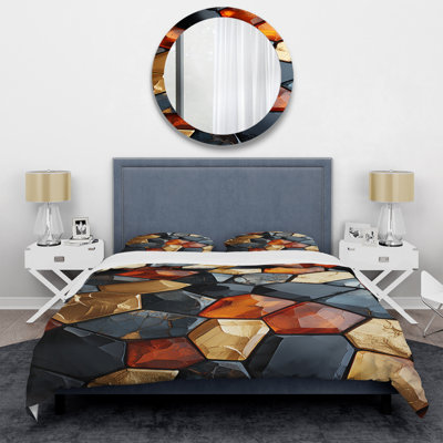 Gold And Blue Cubic Mosaic Tiles II - Abstract Tile Duvet Cover Set