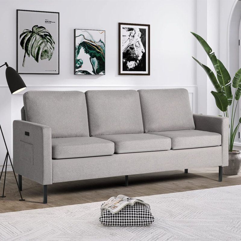 Redi 77" Upholstered Square Arm Sofa with Charging Ports, Light Gray Linen