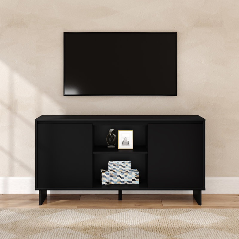 Meuble télé moderne 2 portes avec tablette centrale (59 x 16 x 30 po), noir, H 30 po x L 59 po x l 16 po