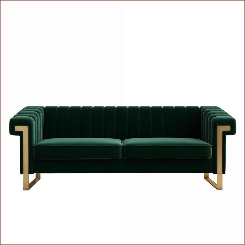 Canapé 3 places moderne en velours vert sauge avec détails dorés | Salon Bureau | Vert rétro | Velours
