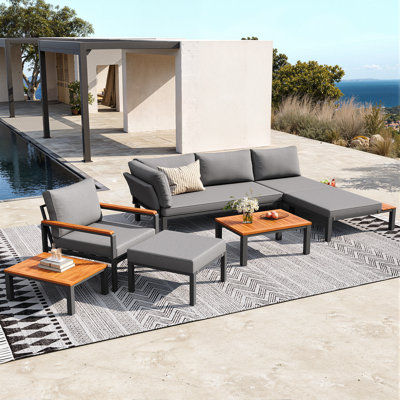 Modular Outdoor Sofa Set With Aluminum Frame, Wood Tables & Cushions