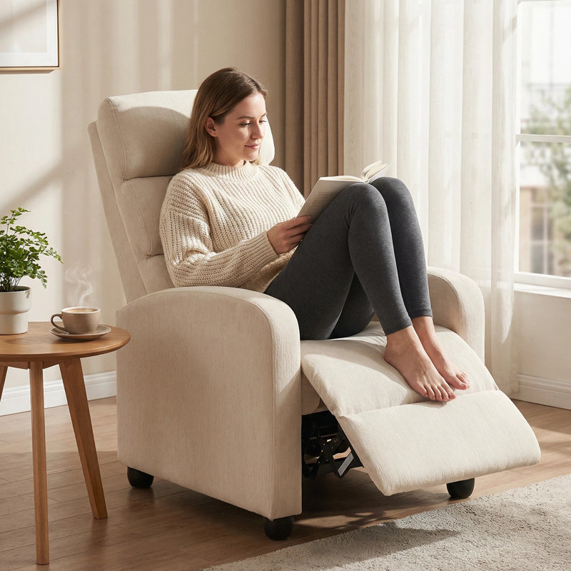 19" W Modern and Soft Touch Faux Chenille Fabric Comfortable Upholstered  Manual Recliner, Beige