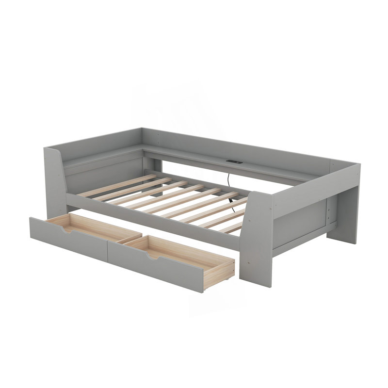 Lit de jour moderne simple avec tablettes, tiroirs et station de charge intégrée, Gris