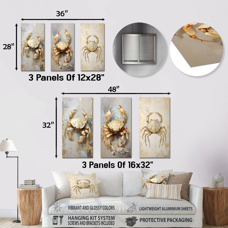 Minimalisme crabe, ensemble de 3 reproductions d'art mural en métal crabe, H 28 po x l 36 po