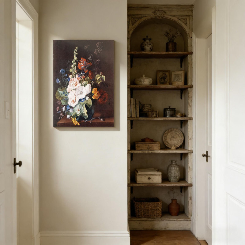 16 po x 24 po, roses trémières et autres fleurs dans un vase, art mural sur toile, support en bois massif