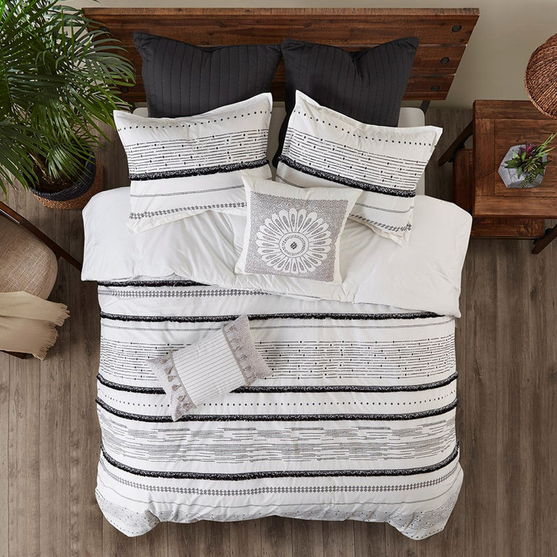 Édredon en coton imprimé - noir / blanc avec une magnifique garniture de pampille dans un style glamour, Blanc/Noir