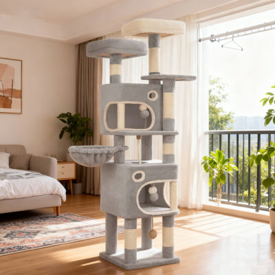 62.6" Cat Tree for Indoor Cats, Cat Tower, Multi-Level Cats Condo with 8 Scratching Posts, 3 Platforms, 2 Caves, Basket, Plush Balls, Sisal Rope, Anti-Tip Kit, Light Gray