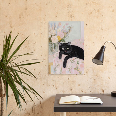 Black Cat Floral Charm Elegant Contemporary Cat Flower Portrait Wall Art Print 1 Piece Wrapped Canvas Wall Art