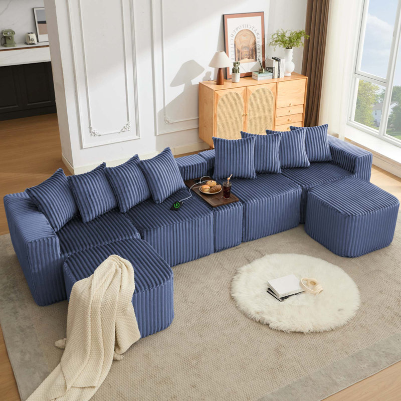 Canapé modulaire en U avec chargement sans fil et sans assemblage, Bleu