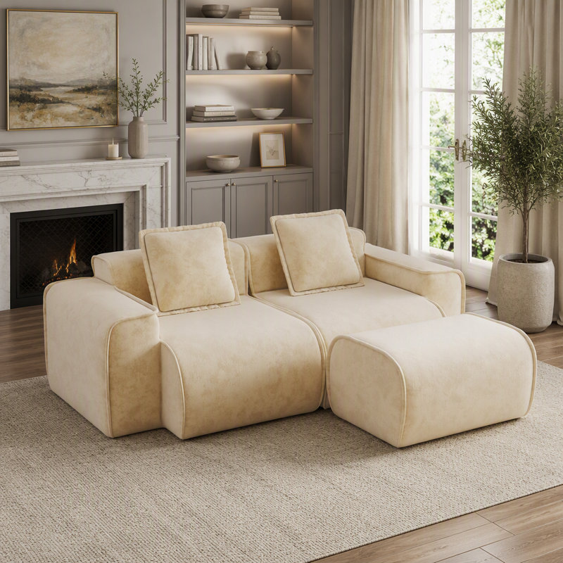 Canapé modulable 2 places sans ossature avec coussins décoratifs, 2 sièges et 1 repose-pieds, Chameau clair