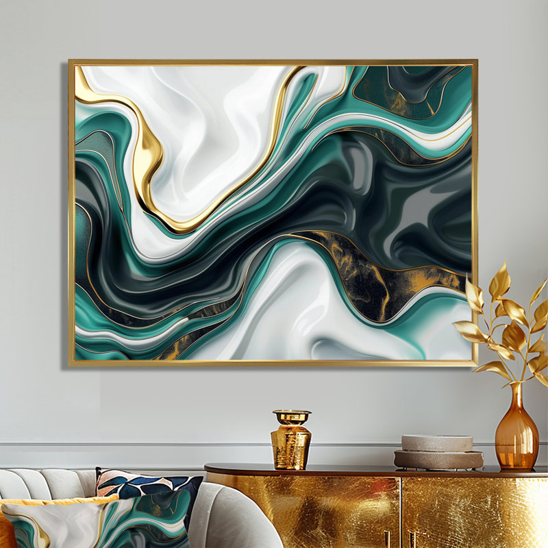 Océan vert, vagues dorées - encre liquide, art mural abstrait, Cadre flottant doré, H 12 po x l 20 po
