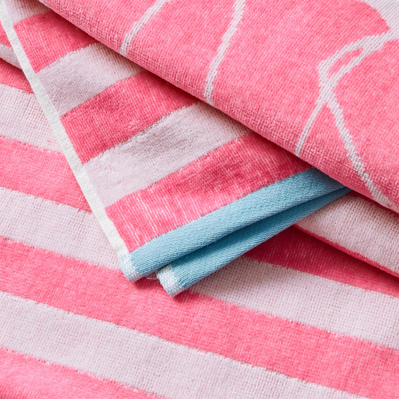 100% Cotton Jacquard Printed 2 Pack Beach Towels, Pink/White Flamingo & Stripe