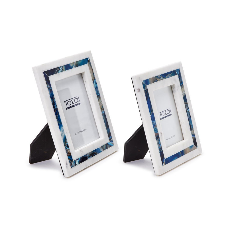 Amazonite Inlay Set Of 2 White Marble Photo Frame, Blue/White