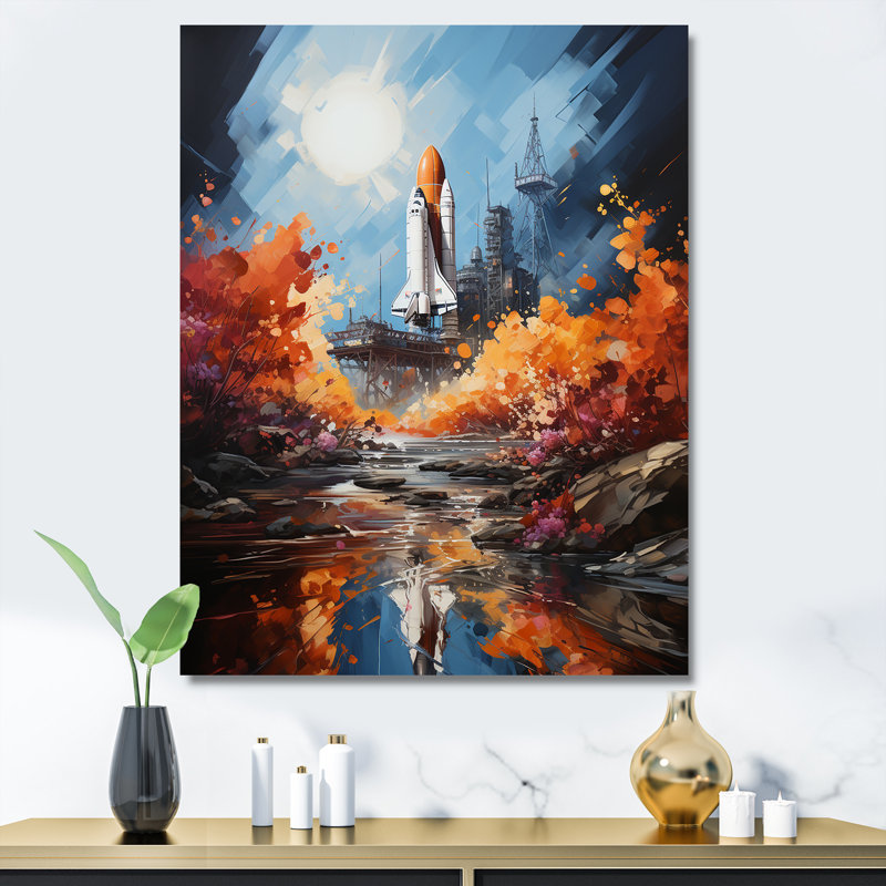 Impressionist Rocket Ship Voyage Canvas Art in Blue and Orange