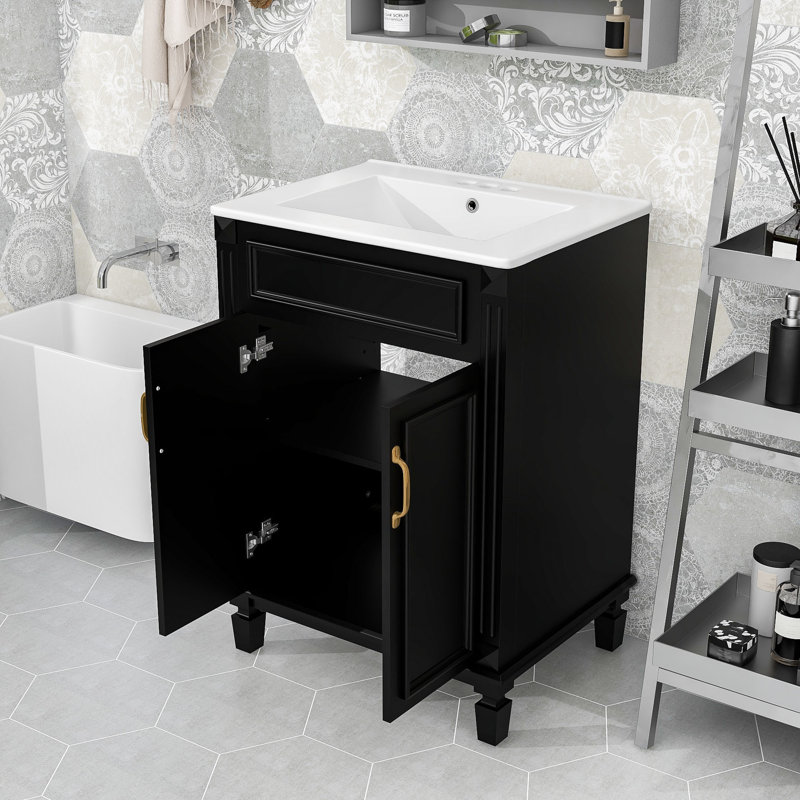 Meuble-lavabo moderne avec lavabo en céramique, tablette réglable et armoire à portes à fermeture douce, Noir