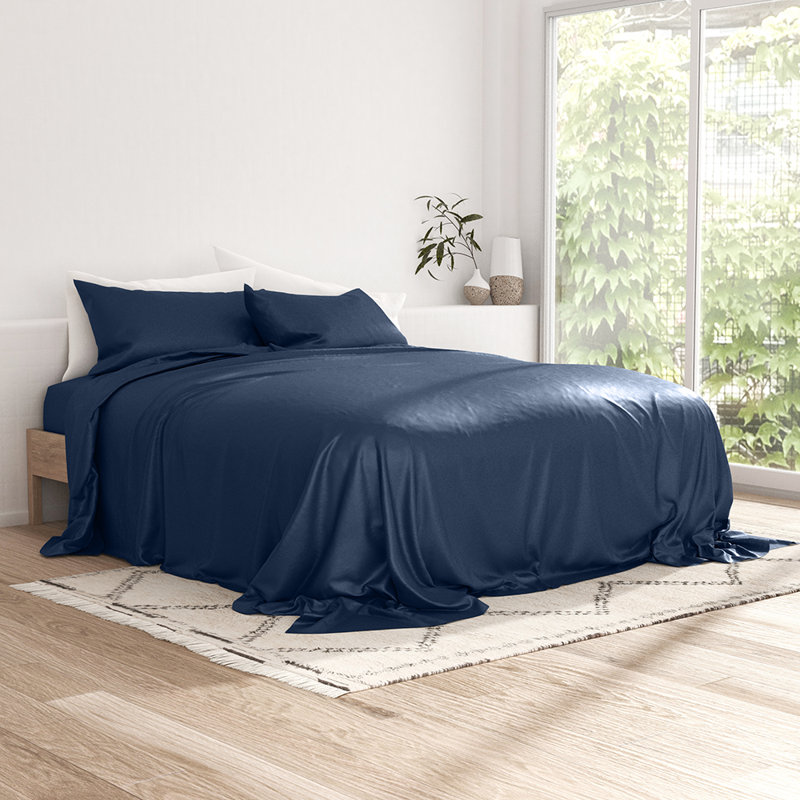 Ensemble de draps 100% rayonne de bambou, Bleu marine, Ensemble de draps pour lit double avec 2 taies d'o