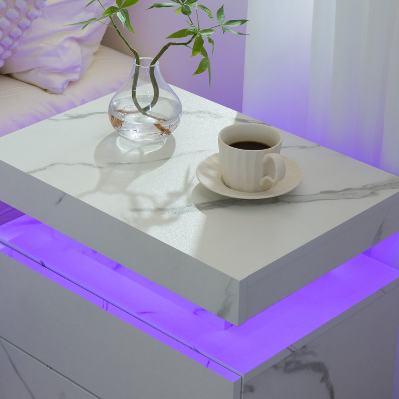 White Marble LED Nightstand Set with 2 Drawers