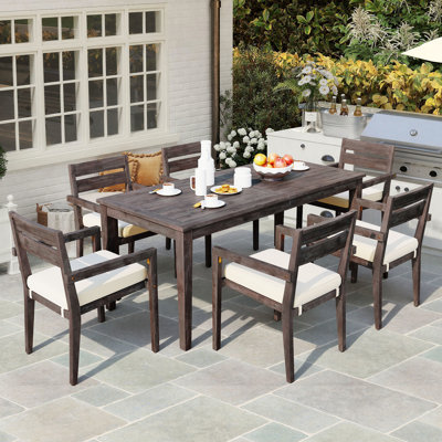 7-Piece Patio Dining Set, Solid Wood with 1 Sturdy Table and 6 Cushioned Chairs