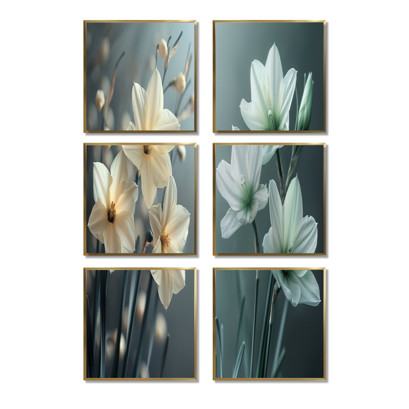 Ensemble de 6 photos de jonquilles murales monochromes grises et blanches, Impression encadrée sans passe-partout, Doré