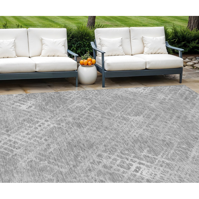 Tapis extérieur lavable à motif géométrique gris et argent 9 pi x 12 pi