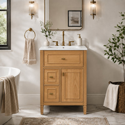 Ensemble de meuble-lavabo transitionnel avec lavabo en céramique, structure en bois massif, tiroir rabattable, tiroirs latéraux et armoire de rangement