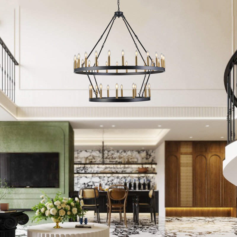 Vilmos 36 - Light Dimmable Wagon Wheel Chandelier, 50" W, Matte Black/Brushed Brass