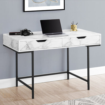 Modern White Marble Look Computer Desk With Storage Drawers And Black Metal Frame, For Home Office And Work Efficiency