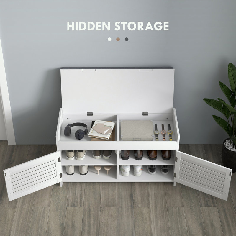 White Entryway Shoe Storage Bench with Gray Cushion and Shutter Doors