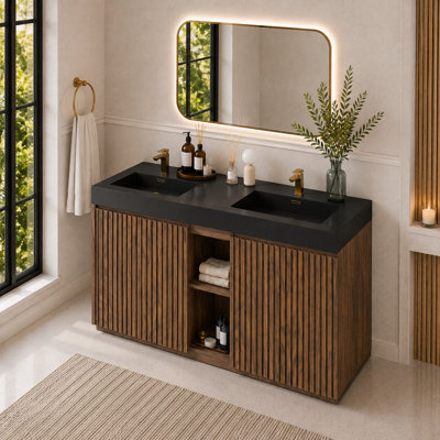Meuble-lavabo sur pied de 152 cm avec lavabo double monobloc, grand espace de rangement, pour salle de bain moderne, sans bonde ni robinetterie.