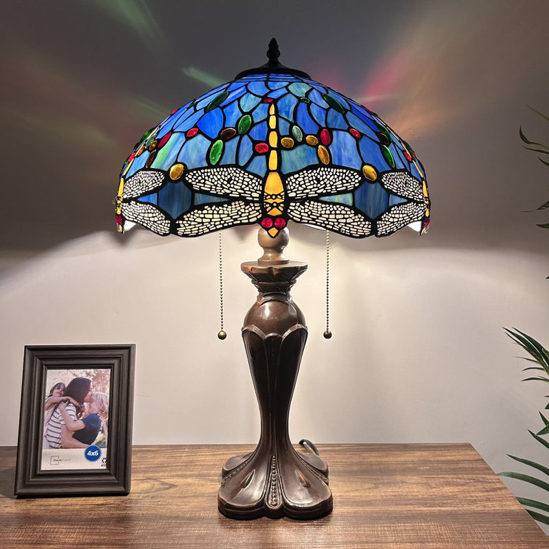 Gloriann Tiffany Table Lamp Stained Glass Dragonfly LED bulbs Included Pull Chain Switches 16"W*16"D*24"H, Sky Blue
