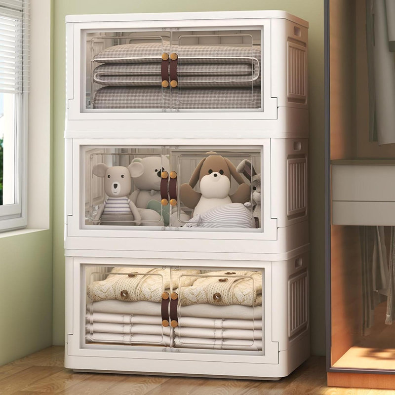3 bacs de rangement avec 3 couvercles, 78 organisateurs de placard et rangement, 3 bacs de rangement empilables avec roues, bacs de rangement pliables à double porte pour la maison et le bureau