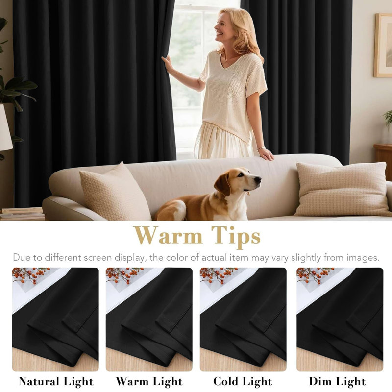 100 % Polyester Blackout Eyelet Room Darkening  Thermal Curtain (Set of 2), Black, 168 cm Width x 183 cm Drop