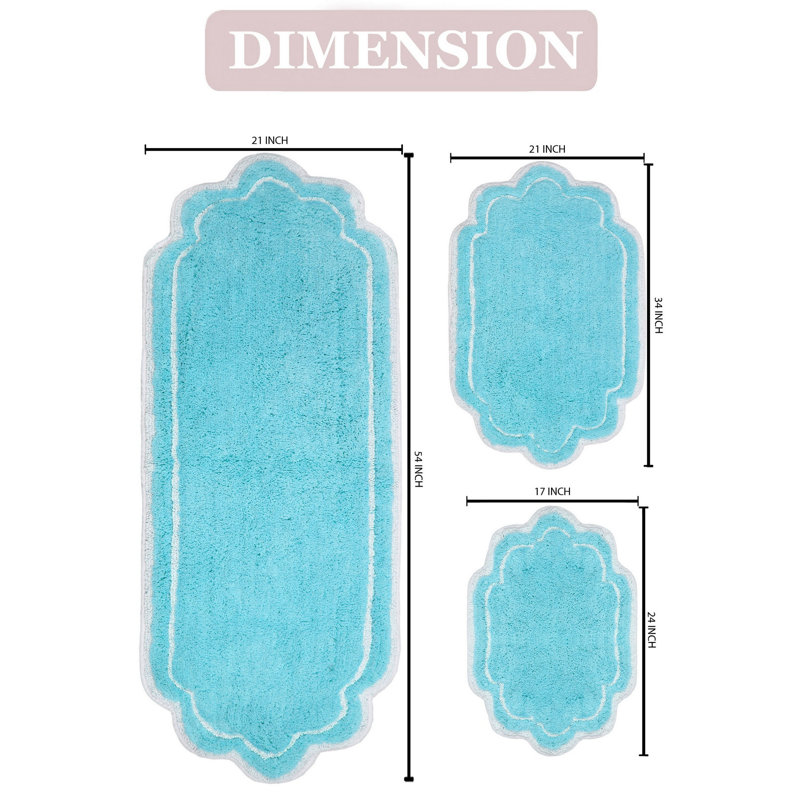 Dobrinka Cotton Bath Rug Set, Machine Washable, Quick Dry, Absorbent - 3 Piece Set, Turquoise