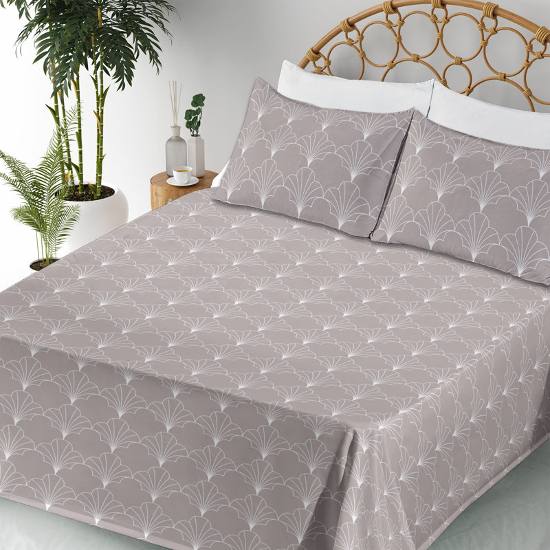 Microfiber Sheet Set, Full Sheet Set with 2 Pillowcases, Light Warm Taupe/White Geometric