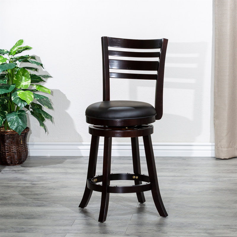 Tabouret pivotant à dossier à lattes de 24 po de hauteur comptoir, finition espresso, siège en cuir noir