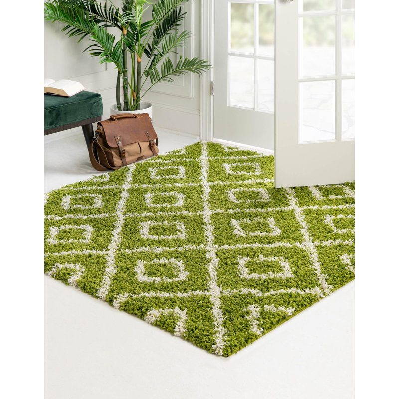 Tapis vert à poils longs treillis Rugs.com Ruth, Carré 4 pi