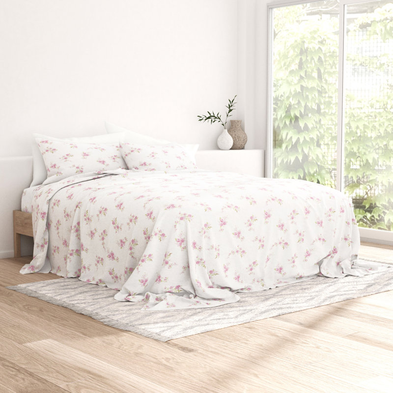 Sheet Set 100% Cotton Patterned Flannel Super Soft Bedding, Pink Rose Bunch