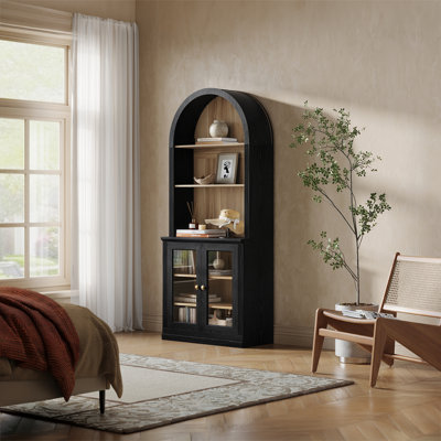 Tall Arched Bookcase Display Cabinet With Glass Doors, Black