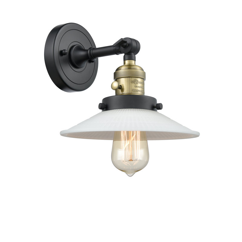 Gartner Armed Sconce, 3.5 Watt Vintage LED Bulb, Black Antique Brass, Matte White Halophane