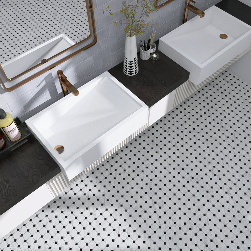 Polished 1" x 6" Marble Octagon and Dot Mosaic Wall & Floor Tile