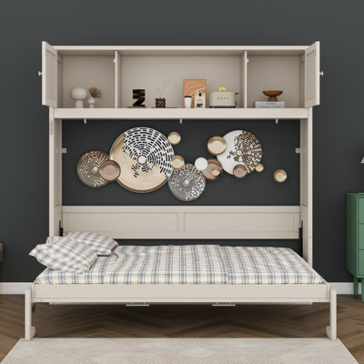Murphy Bed With Storage Cabinets, Wood Wall Bed With Shelves, Foldable Bed For Guest Room, Home Office
