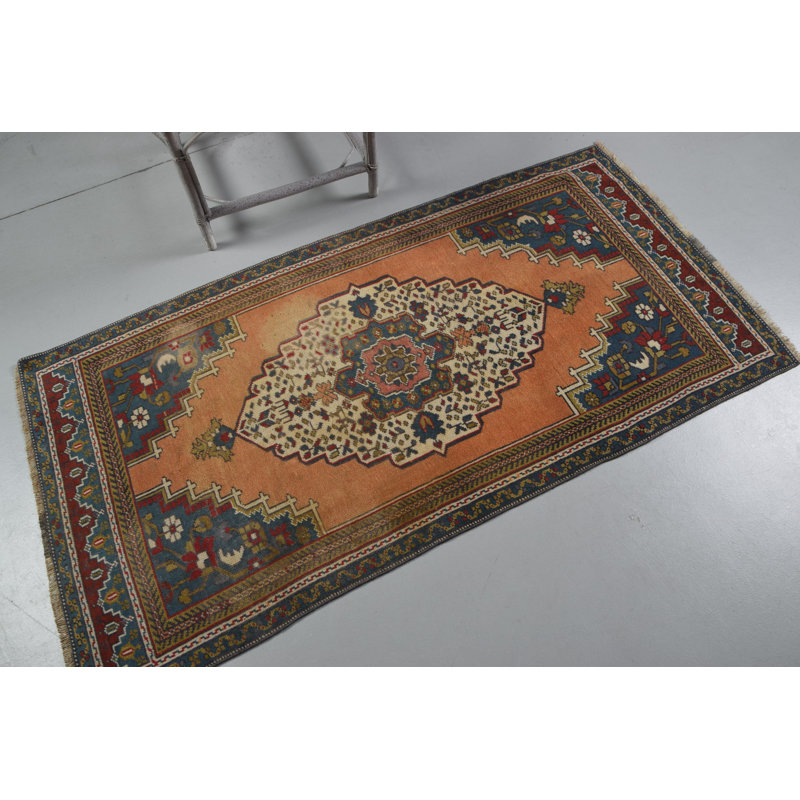 Tapis turc rétro fait à la main avec des accents orange, idéal pour la chambre à coucher et le vestibule