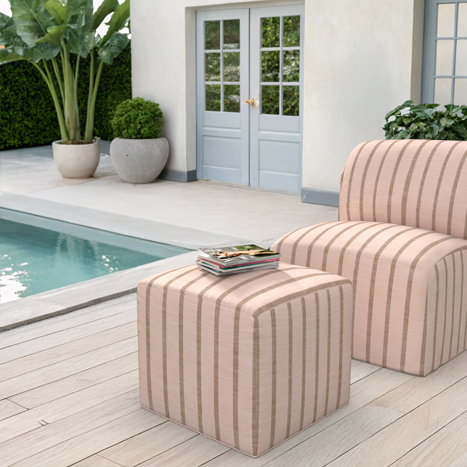 Praia Sunbrella® Outdoor Ottoman, 18" H x 18" W x 18" D, Unwind Cameo Striped Sunbrella®