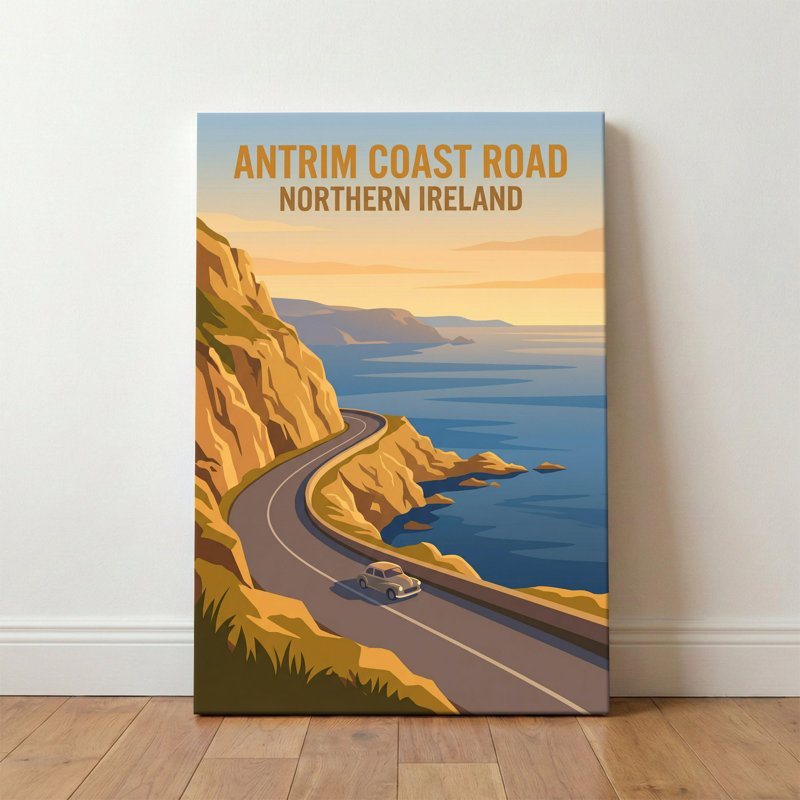 Antrim Coast Road, Northern Ireland - Romantic Coastal Drive Travel Poster. Giclee Print on Wrapped Canvas. Wall Art, Home Decor - Regions & Scenic Areas, Northern Ireland 1 Piece Wrapped Canvas Wall Art