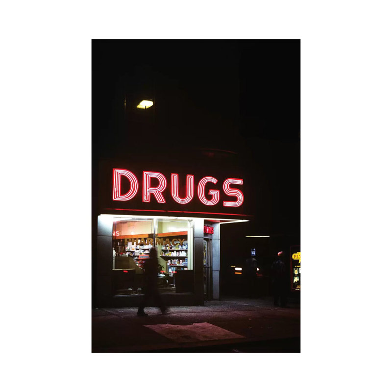 1980 S Drug Store At Night Pink Neon Sign Drugs by Vintage Images - Wrapped Canvas Painting